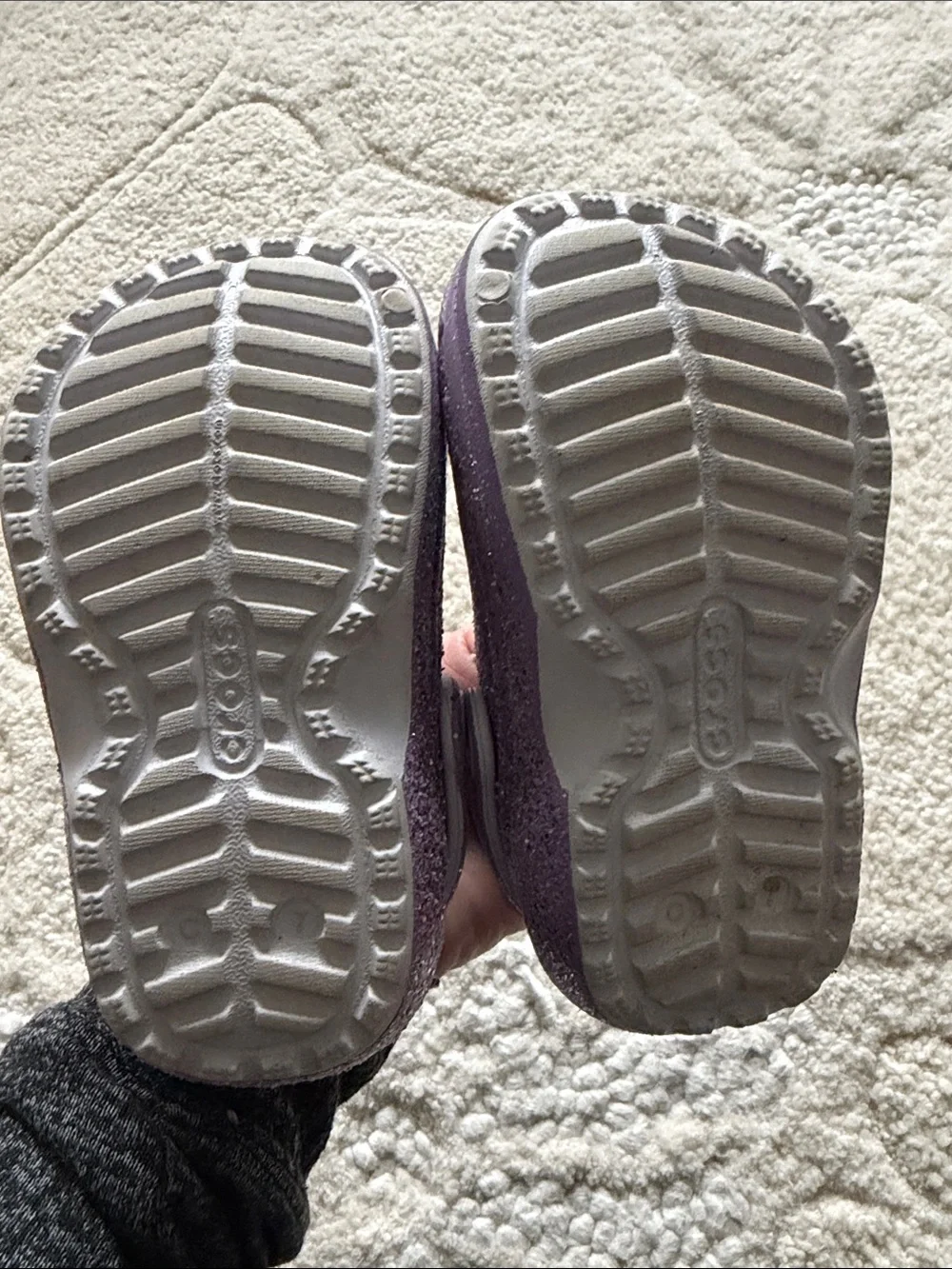 Crocs size 7 Kids Glitter Purple Clog Shoes - Cozy Slip-On